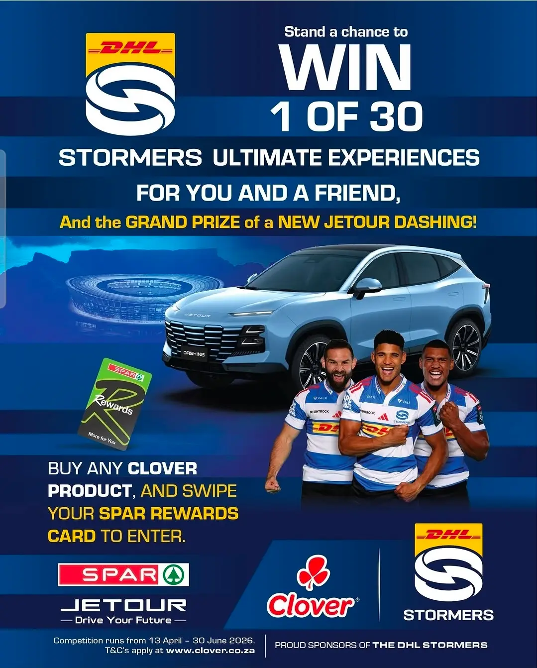 Stand a chance to WIN the Ultimate DHL Stormers Match Day Experience with Clover, with a grand prize of a brand new Jetour Dashing